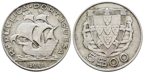 PORTOGALLO. 5 escudos 1948. KM 581; Ag; 7gr