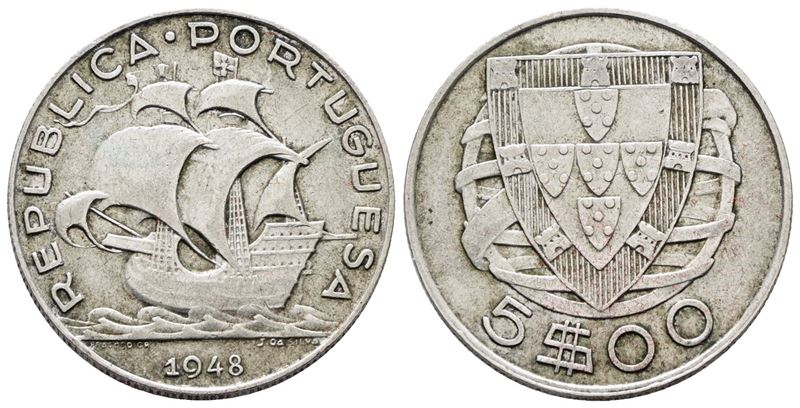 Portogallo. 5 Escudos 1948. Km 581; Ag; 7gr