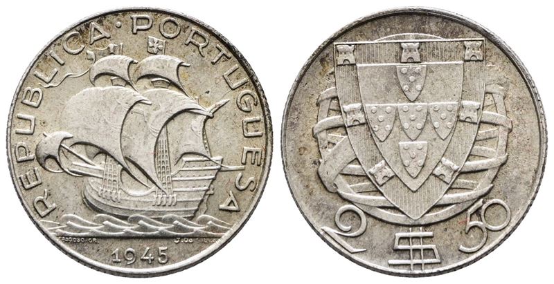 PORTOGALLO. 2,5 escudos 1945. KM 580; Ag; 3,5gr