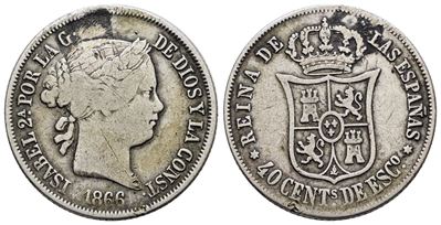 Spagna. Isabella II (1833-1868). 40 Centesimi 1866. Km 528; Ag; 5,2gr