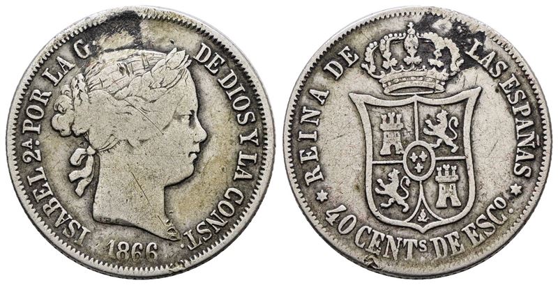 Spagna. Isabella II (1833-1868). 40 Centesimi 1866. Km 528; Ag; 5,2gr