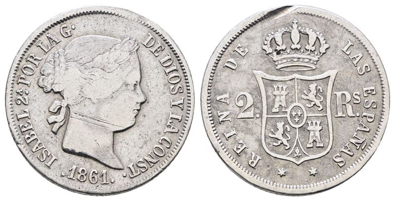 Spagna. Isabella II (1833-1868). 2 Reales 1861. Km 607; Ag; 2,6gr