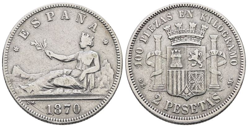 Spagna. Governo Provvisorio (1869-1870). 2 Pesetas 1870. Km 654; Ag; 10gr