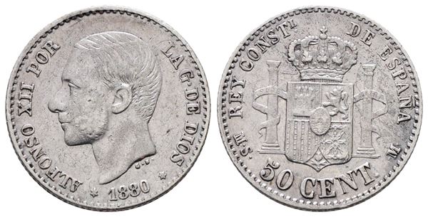 SPAGNA. Alfonso XII (1874-1885). 50 centesimi 1880. KM 685; Ag; 2,5gr