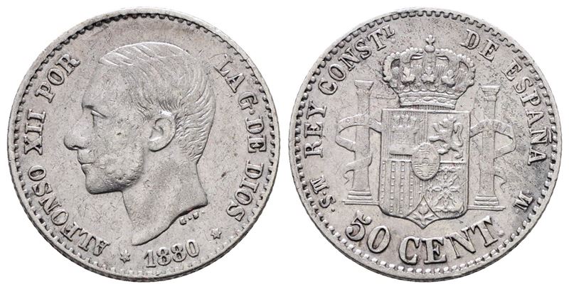 Spagna. Alfonso XII (1874-1885). 50 Centesimi 1880. Km 685; Ag; 2,5gr