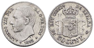 Spagna. Alfonso XII (1874-1885). 50 Centesimi 1885. Km 685; Ag; 2,5gr
