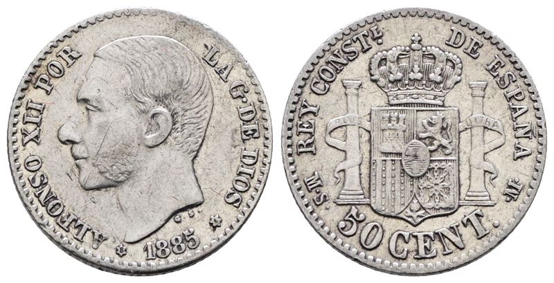 Spagna. Alfonso XII (1874-1885). 50 Centesimi 1885. Km 685; Ag; 2,5gr