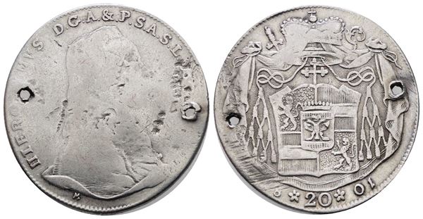 SALISBURGO. Geronimo da Colloredo. 20 kreuzer 1801. KM 460; Ag; 6,47gr; due forellini
