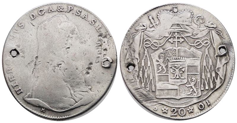SALISBURGO. Geronimo da Colloredo. 20 kreuzer 1801. KM 460; Ag; 6,47gr; due forellini. B
