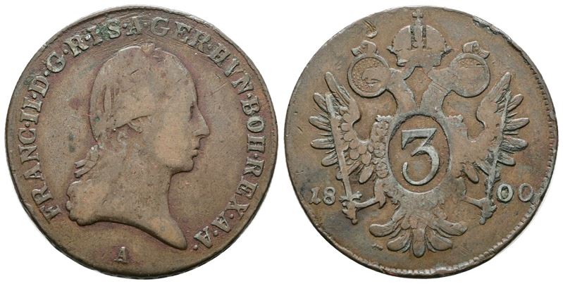AUSTRIA. Francesco II (1792-1835). 3 kreuzer 1800 A (Vienna). KM 2115; Ag; 8,75gr. qBB