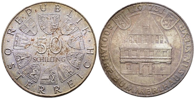 Austria. 50 Scellini 1973 "500° Anniversario Bummerlhaus". Km 2916; Ag; 20gr.