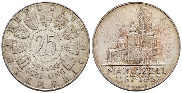 AUSTRIA. 25 scellini 1957 "800 anni della basicilica di Mariazell". KM 2883; Ag; 13gr.