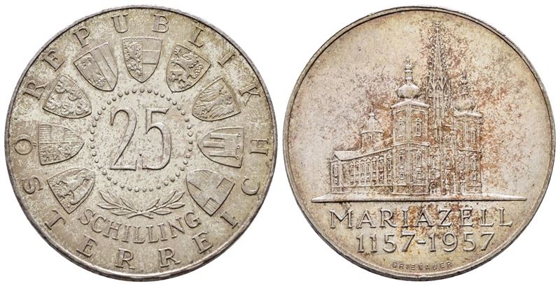 Austria. 25 Scellini 1957 '800 Anni della Basicilica di Mariazell'. Km 2883; Ag; 13gr.