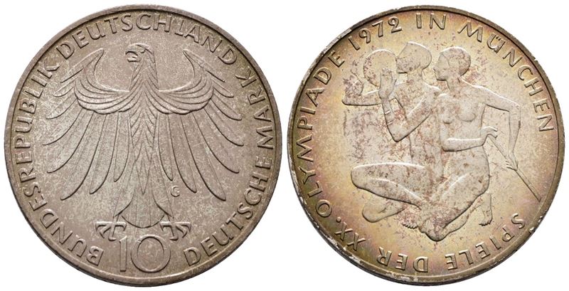 GERMANIA. 10 marchi 1972 "olimpiade di Monaco" E. KM 132; Ag; 15,5gr FDC