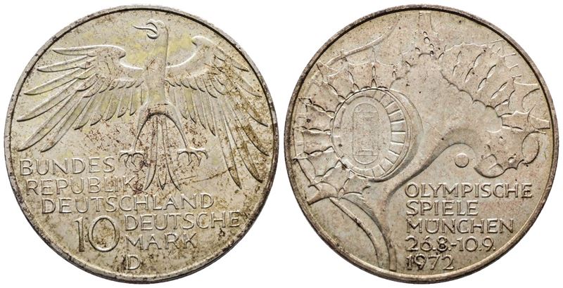 GERMANIA. 10 marchi 1972 "olimpiade di Monaco" D. KM 132; Ag; 15,5gr qFDC