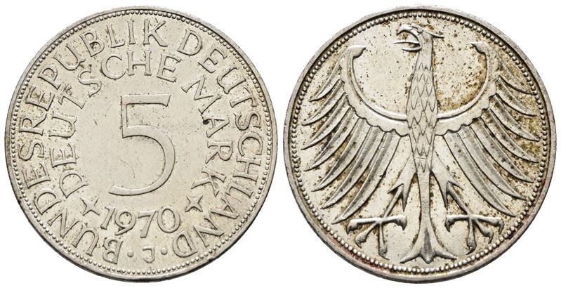 Germania. 5 Marchi 1970 J. Km 112; Ag; 11,2gr
