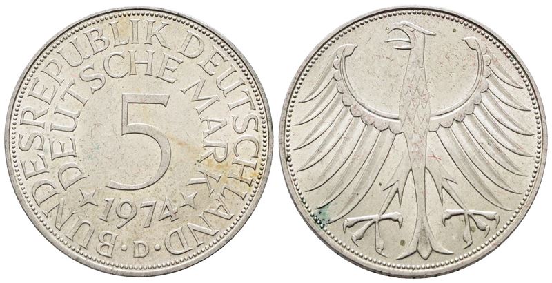 Germania. 5 Marchi 1974 D. Km 112; Ag; 11,2gr