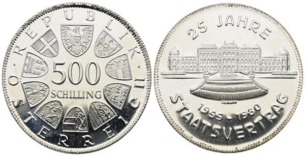 AUSTRIA. 500 scellini 1980 "25 anni del trattato di stato austriaco". KM 2948; Ag; 24gr