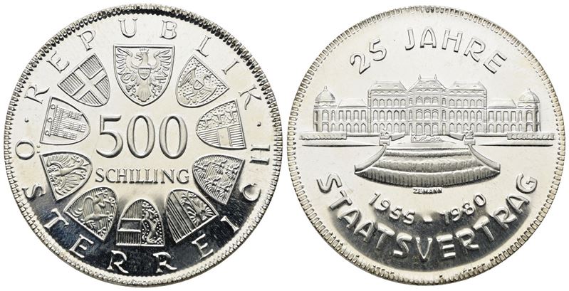 AUSTRIA. 500 scellini 1980 "25 anni del trattato di stato austriaco". KM 2948; Ag; 24gr