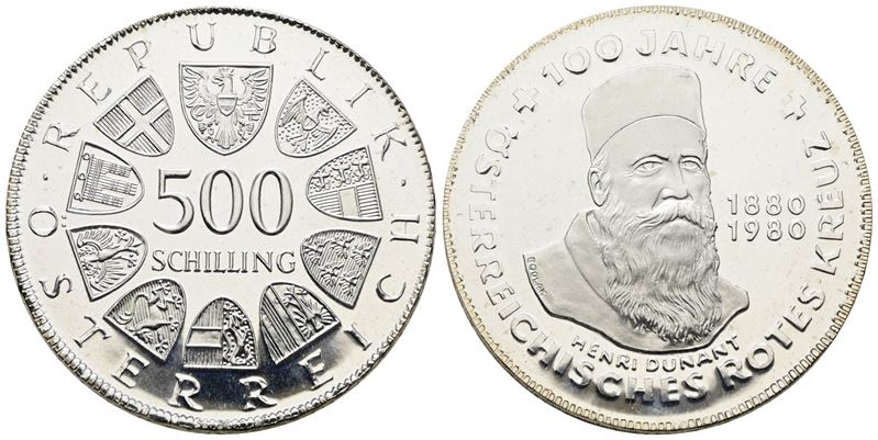 AUSTRIA. 500 scellini 1980 "Centenario della Croce Rossa austriaca". KM 2950; Ag; 24gr