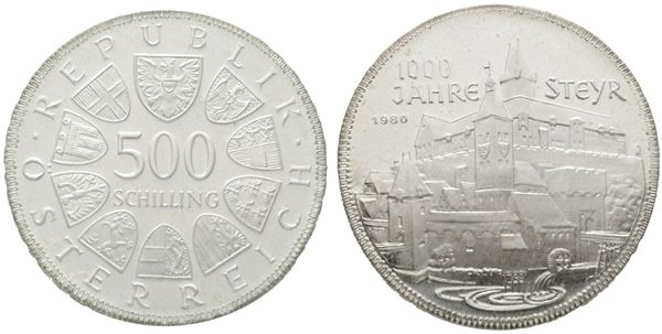 AUSTRIA. 500 scellini 1980 "Millenario della città di Steyr". KM 2947; Ag; 24gr