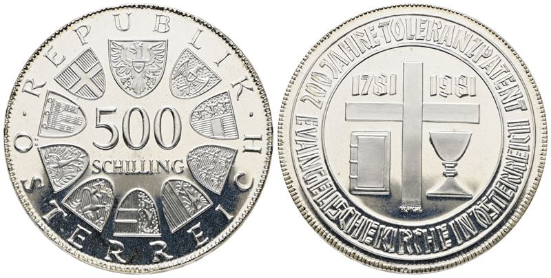 AUSTRIA. 500 scellini 1981 "200 anni patente di tolleranza". KM 2954; Ag; 24gr