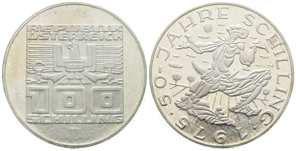 AUSTRIA. 100 scellini 1975 "50 anni dello scellino austriaco". KM 2925; Ag; 24gr