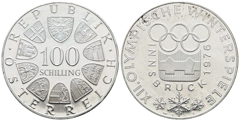 AUSTRIA. 100 scellini 1976 "Olimpiadi invernali Innsbruck". KM 2926; Ag; 24gr
