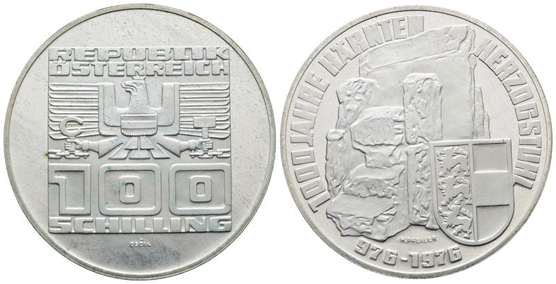 AUSTRIA. 100 scellini 1976 "Trono ducale Carinzia". KM 2931; Ag; 24gr