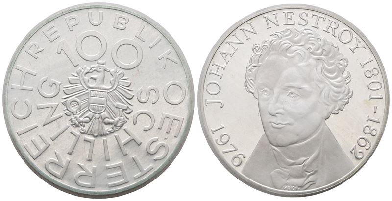 AUSTRIA. 100 scellini 1976 "Johann Nestroy". KM 2932; Ag; 24gr