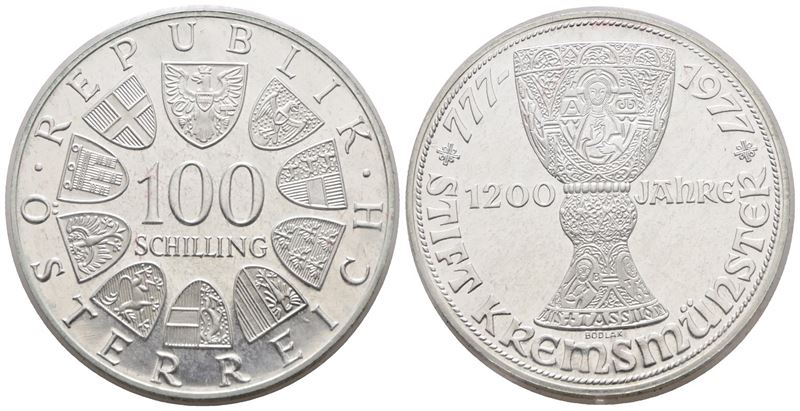 AUSTRIA. 100 scellini 1977 "1200 anni abazia di Kremsmusnster". KM 2934; Ag; 24gr