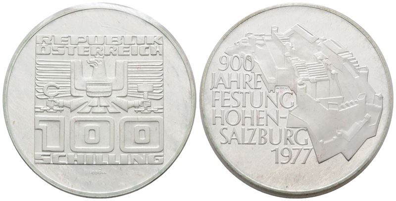 AUSTRIA. 100 scellini 1977 "900 anni della fortezza di Salisburgo". KM 2935; Ag; 24gr