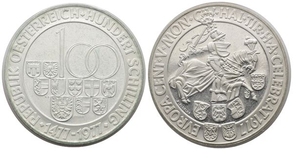 AUSTRIA. 100 scellini 1977 "500 anni della zecca di Hall in Tirolo". KM 2936; Ag; 24gr