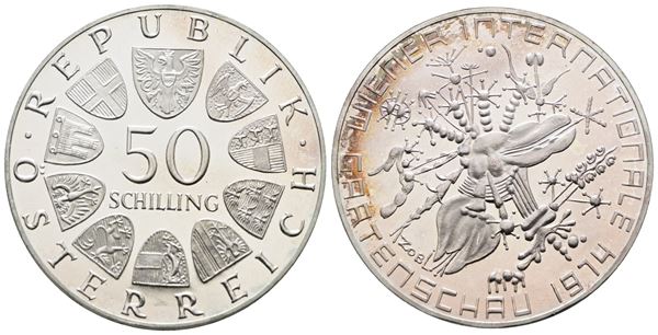 AUSTRIA. 50 scellini 1974 "Esposizione internazionale fioricoltura a Vienna". KM 2919; Ag; 20gr.