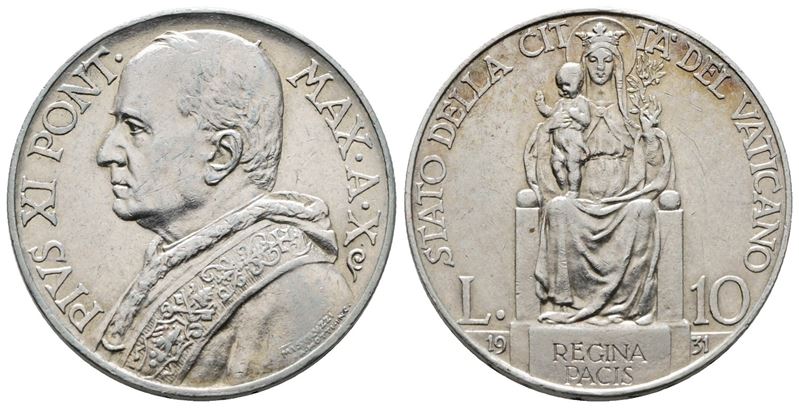 Vaticano. Pio XI (1929-1938). 10 Lire 1931. Gig. 13; Ag; 10gr