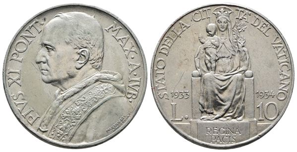 VATICANO. Pio XI (1929-1938). 10 lire 1933-1934 Giubileo. Gig. 15; Ag; 10gr