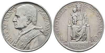 Vaticano. Pio XI (1929-1938). 10 Lire 1934. Gig. 16; Ag; 10gr