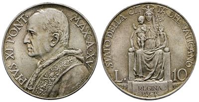 VATICANO, Pio XI (1929-1938), Moneta da 10 lire del 1936, Gig. 18, Argento, 10 grammi
