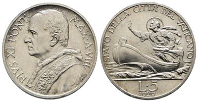 Vaticano. Pio XI (1929-1938). 5 Lire 1929. Gig. 20; Ag; 5gr; Rara