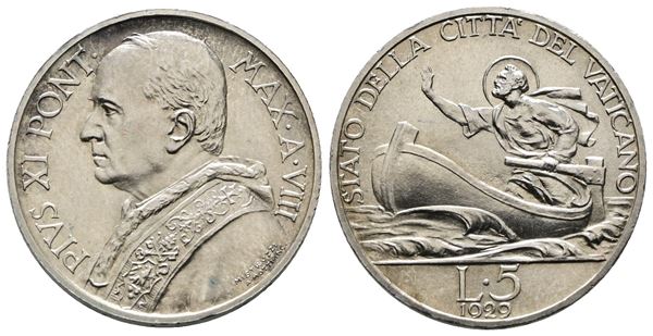 VATICANO. Pio XI (1929-1938). 5 lire 1929. Gig. 20; Ag; 5gr; Rara