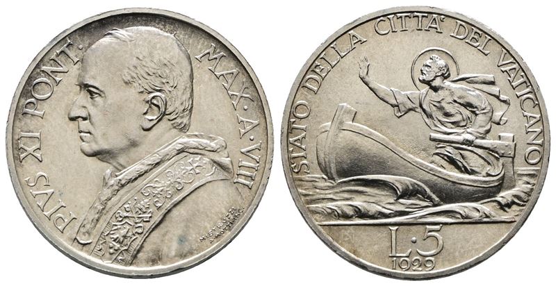 Vaticano. Pio XI (1929-1938). 5 Lire 1929. Gig. 20; Ag; 5gr; Rara