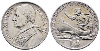 Vaticano. Pio XI (1929-1938). 5 Lire 1930. Gig. 21; Ag; 5gr;