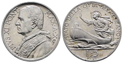 Vaticano. Pio XI (1929-1938). 5 Lire 1931. Gig. 22; Ag; 5gr;