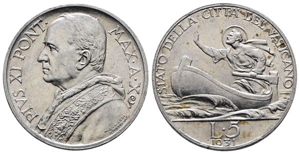 VATICANO. Pio XI (1929-1938). 5 lire 1931. Gig. 22; Ag; 5gr;