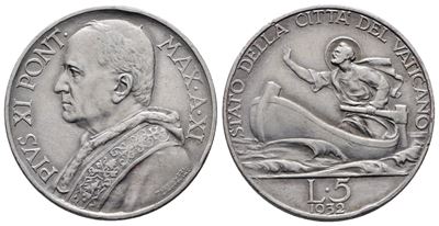 Vaticano. Pio XI (1929-1938). 5 Lire 1932. Gig. 23; Ag; 5gr;