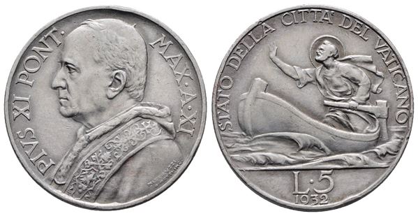 VATICANO. Pio XI (1929-1938). 5 lire 1932. Gig. 23; Ag; 5gr;