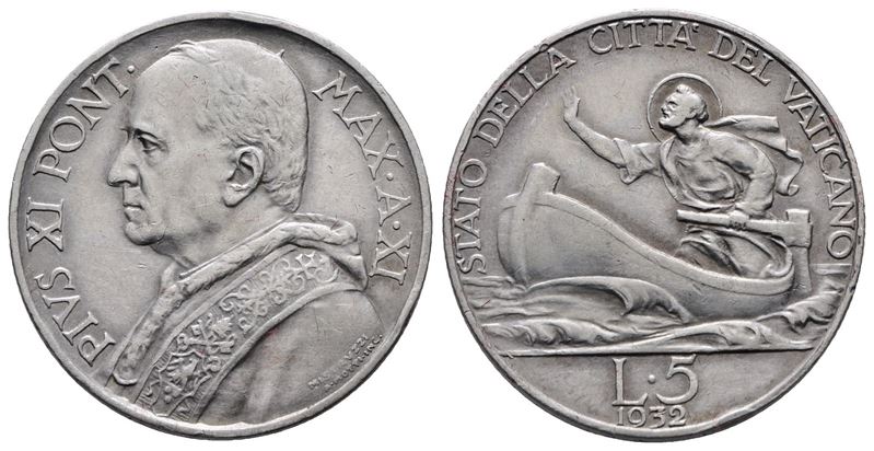 Vaticano. Pio XI (1929-1938). 5 Lire 1932. Gig. 23; Ag; 5gr;