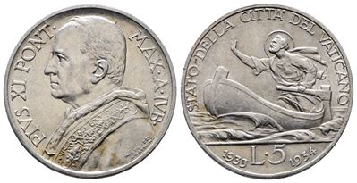 Vaticano. Pio XI (1929-1938). 5 Lire 1933 1934 Giubileo. Gig. 24; Ag; 5gr