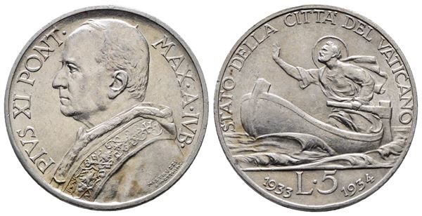 VATICANO. Pio XI (1929-1938). 5 lire 1933 1934 Giubileo. Gig. 24; Ag; 5gr