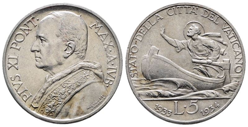 Vaticano. Pio XI (1929-1938). 5 Lire 1933 1934 Giubileo. Gig. 24; Ag; 5gr
